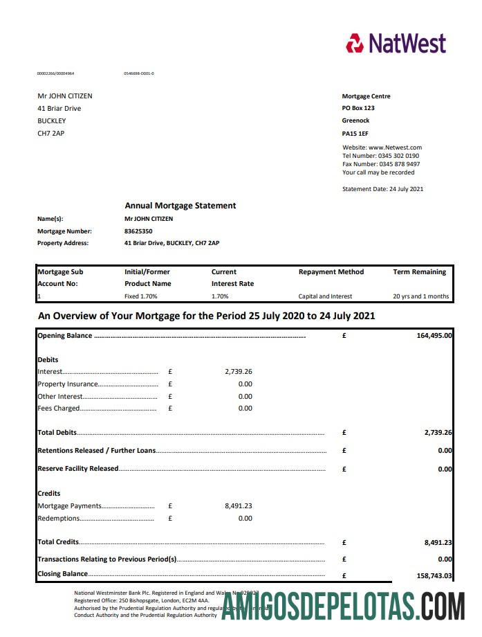 Modelo realista de extrato bancário NatWest do Reino Unido em formato de arquivo .xls e .pdf